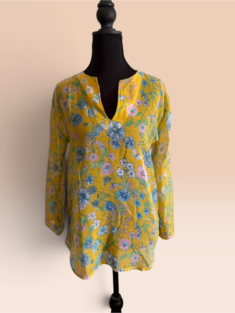 Yellow Floral Split-Neck Tunic Top